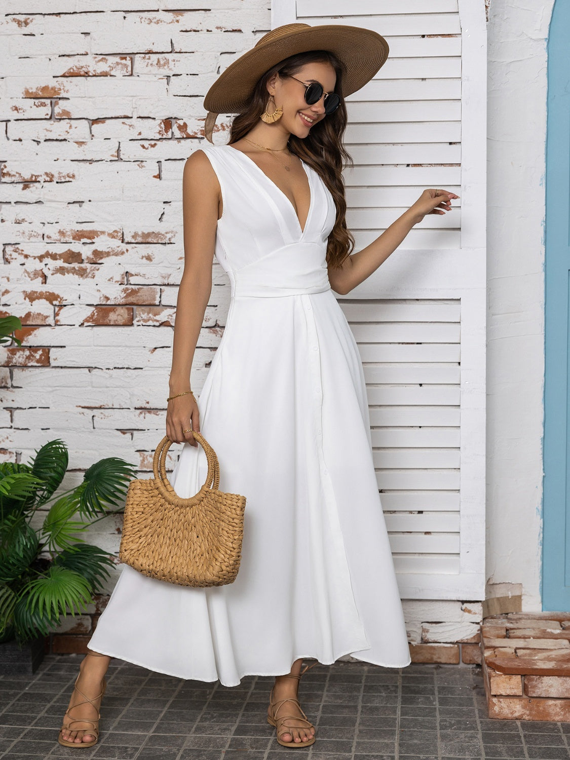 "Hailey" Slit V-Neck Sleeveless Midi Dress