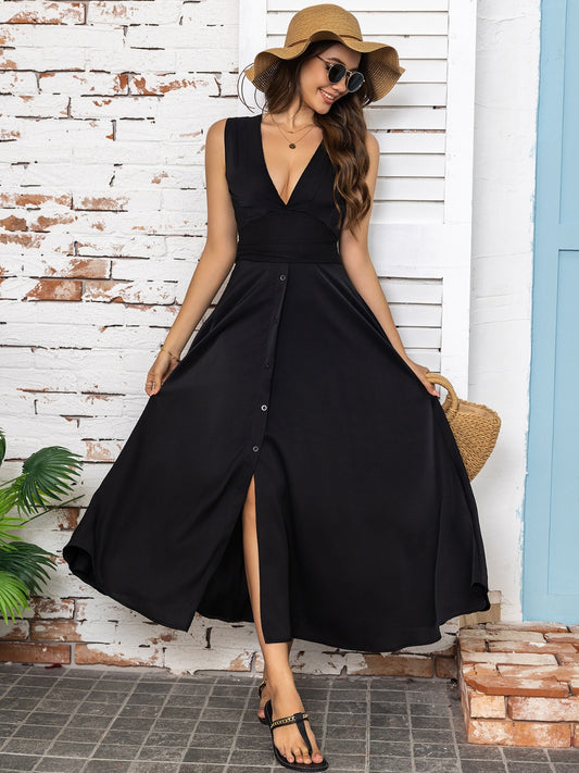 "Hailey" Slit V-Neck Sleeveless Midi Dress